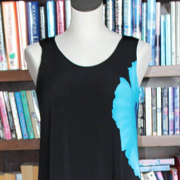 Women's Maxi Tank Dress Sleeveless Blue & Black Floral Print - Picture 2 of 6